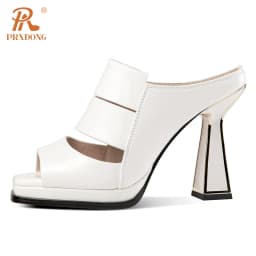 PRXDONG Women's Shoes New 2023 Summer Brand Genuine Leather High Heel Open Toe Black White Dress Party Female Sandals Size 34-39