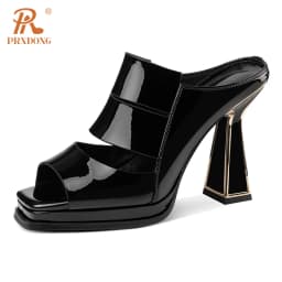 PRXDONG Women's Shoes New 2023 Summer Brand Genuine Leather High Heel Open Toe Black White Dress Party Female Sandals Size 34-39