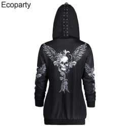 New Women Gothic 3d Skull Printed Hoodie Coat Black Long Sleeves Zip Up Loose Casual Hooded Jacket Aldult Darkness Sweatshirt
