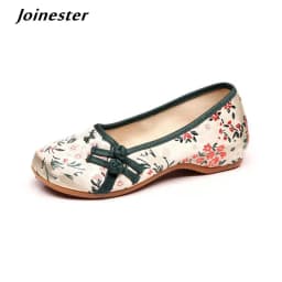 Ethnic Style Embroider Women Shoes Slip on Retro Loafers with Buttons Female Autumn Pumps Vintage Ballet Shoes