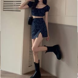 KPOP Dress Sweet Shorts Sets Broken Flower Skirts Exposed Navel Two Piece Set Women Split Skirt Puff Sleeve 2 Piece Sets 2022