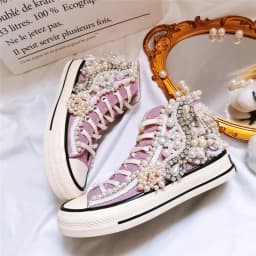 Women's Shoes New Spring Autumn Shoes 3D Handmade Pearl Canvas Shoes Women's Casual Shoes Purple