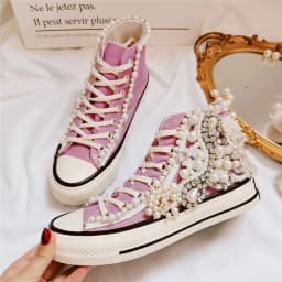 Women's Shoes New Spring Autumn Shoes 3D Handmade Pearl Canvas Shoes Women's Casual Shoes Purple
