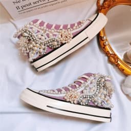 Women's Shoes New Spring Autumn Shoes 3D Handmade Pearl Canvas Shoes Women's Casual Shoes Purple