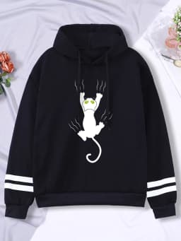 Hoody Funy Black Cats Cartoon Hoodies Female Fashion Korean Women'S Winter Clothing Oversized Fleece Women Sweatshirts With Hood