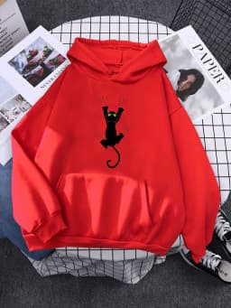 Hoody Funy Black Cats Cartoon Hoodies Female Fashion Korean Women'S Winter Clothing Oversized Fleece Women Sweatshirts With Hood