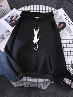 Hoody Funy Black Cats Cartoon Hoodies Female Fashion Korean Women'S Winter Clothing Oversized Fleece Women Sweatshirts With Hood