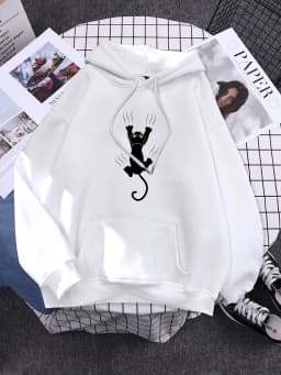 Hoody Funy Black Cats Cartoon Hoodies Female Fashion Korean Women'S Winter Clothing Oversized Fleece Women Sweatshirts With Hood