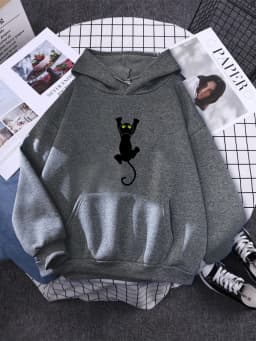 Hoody Funy Black Cats Cartoon Hoodies Female Fashion Korean Women'S Winter Clothing Oversized Fleece Women Sweatshirts With Hood