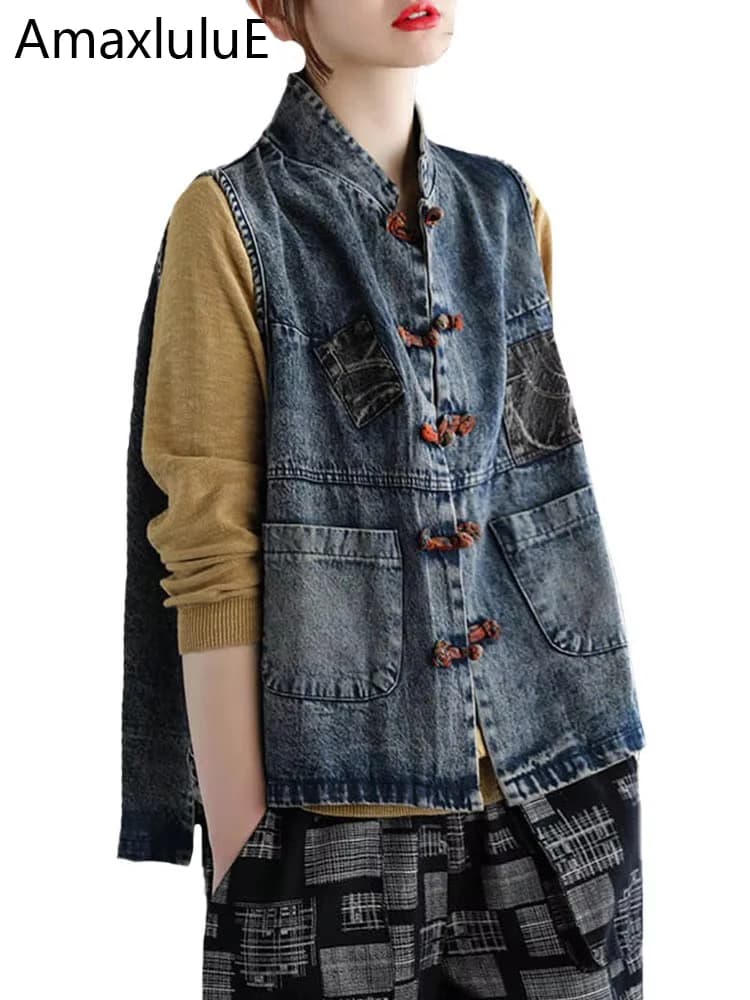 Amax LuluE 2024 Chinese Fashion Designer Clothes Women Vintage Denim Sleeveless Coats Ladies Casual Loose Luxury Punk Waistcoats