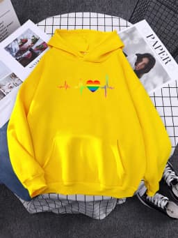 Hoody Beating Heart Rainbow Printed Women's 2023 Hoodie With Hood Long Sleeve Hip Hop Clothes Korean Aesthetic Sweatshirts Women