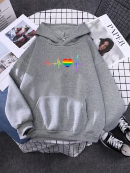 Hoody Beating Heart Rainbow Printed Women's 2023 Hoodie With Hood Long Sleeve Hip Hop Clothes Korean Aesthetic Sweatshirts Women
