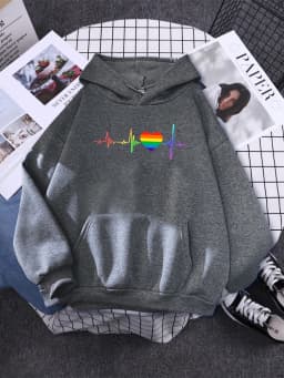 Hoody Beating Heart Rainbow Printed Women's 2023 Hoodie With Hood Long Sleeve Hip Hop Clothes Korean Aesthetic Sweatshirts Women