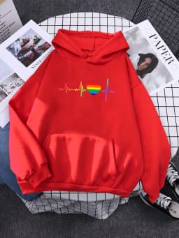 Hoody Beating Heart Rainbow Printed Women's 2023 Hoodie With Hood Long Sleeve Hip Hop Clothes Korean Aesthetic Sweatshirts Women