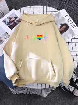 Hoody Beating Heart Rainbow Printed Women's 2023 Hoodie With Hood Long Sleeve Hip Hop Clothes Korean Aesthetic Sweatshirts Women