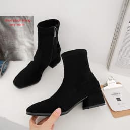 Woman Sock Ankle Boots 2026 Spring Autumn Pointed Toe Low Heel Elastic Flock Black Comfortable Booties Lady Shoes Big Size 42 43