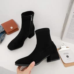 Woman Sock Ankle Boots 2026 Spring Autumn Pointed Toe Low Heel Elastic Flock Black Comfortable Booties Lady Shoes Big Size 42 43