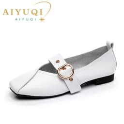 AIYUQI Ladies Spring Shoes 2026 New Genuine Leather Mother Flat Shoes Casual Large Size 41 42 43 Square Comfortable Women Shoes