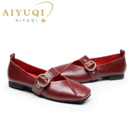 AIYUQI Ladies Spring Shoes 2026 New Genuine Leather Mother Flat Shoes Casual Large Size 41 42 43 Square Comfortable Women Shoes
