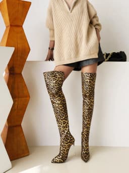 Super High Sexy Metal Stiletto Heel Patent Leather Women's Over-The-Knee Boots Large Size Pointed Toe Plush Lining Catwalk Boots