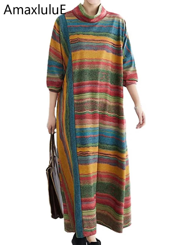 Amax luluE Women Casual Loose Bohemia Vestidos 2024 Spring British Style Vintage Striped Elegant Dress Turtleneck Design Dresses
