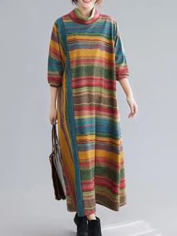 Amax luluE Women Casual Loose Bohemia Vestidos 2024 Spring British Style Vintage Striped Elegant Dress Turtleneck Design Dresses