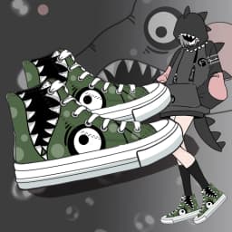 Amy and Michael Anime Cartoon Dino Hand Painted Canvas Shoes Young Teenager Students Hi Tops Plimsolls Woman Vulcanize Shoes