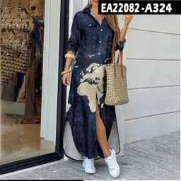 Women's Long Dresses Cross-Border World Map Pattern Printing Lapel Shirt Fashion Plus Size Maxi Dress Womens Clothing Vestido