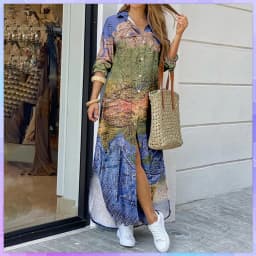 Women's Long Dresses Cross-Border World Map Pattern Printing Lapel Shirt Fashion Plus Size Maxi Dress Womens Clothing Vestido