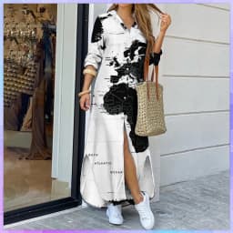 Women's Long Dresses Cross-Border World Map Pattern Printing Lapel Shirt Fashion Plus Size Maxi Dress Womens Clothing Vestido