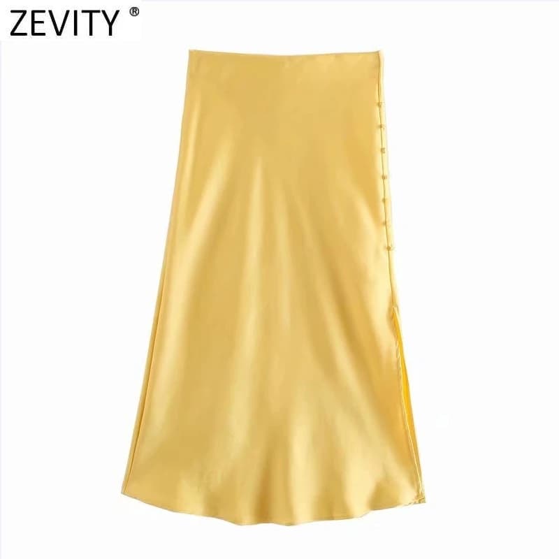 Zevity 2021 Elegant Women French Style Candy Color Split Satin A Line Skirt Faldas Mujer Female Casual Summer Midi Skirts QUN810