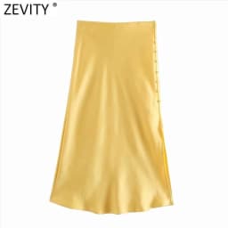 Zevity 2021 Elegant Women French Style Candy Color Split Satin A Line Skirt Faldas Mujer Female Casual Summer Midi Skirts QUN810