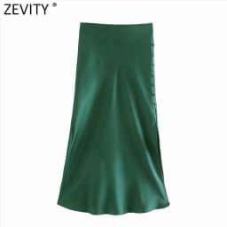 Zevity 2021 Elegant Women French Style Candy Color Split Satin A Line Skirt Faldas Mujer Female Casual Summer Midi Skirts QUN810