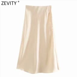 Zevity 2021 Elegant Women French Style Candy Color Split Satin A Line Skirt Faldas Mujer Female Casual Summer Midi Skirts QUN810