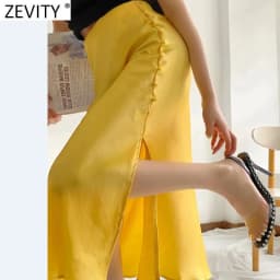 Zevity 2021 Elegant Women French Style Candy Color Split Satin A Line Skirt Faldas Mujer Female Casual Summer Midi Skirts QUN810