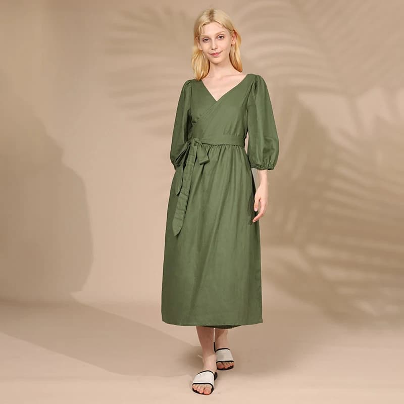 Elegant Cotton Linen Women's Dress Sexy V-Neck Puff Sleeve Bandage Holiday Party Dresses With Sashes Retro Sundress