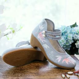 Women Ankle Button Strap Pumps Ethnic Embroidery Mary Jane Dress Shoes Mid Heel Cotton Fabric Espadrilles Vintage Sandals