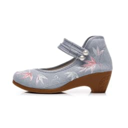 Women Ankle Button Strap Pumps Ethnic Embroidery Mary Jane Dress Shoes Mid Heel Cotton Fabric Espadrilles Vintage Sandals