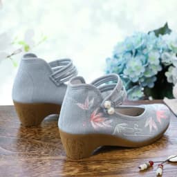 Women Ankle Button Strap Pumps Ethnic Embroidery Mary Jane Dress Shoes Mid Heel Cotton Fabric Espadrilles Vintage Sandals