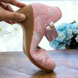 Women Ankle Button Strap Pumps Ethnic Embroidery Mary Jane Dress Shoes Mid Heel Cotton Fabric Espadrilles Vintage Sandals