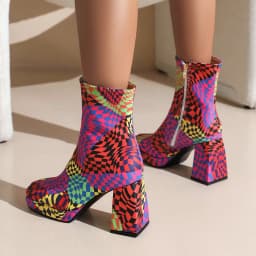 Checkerboard Pattern Square Toe Chunky Heel High-Top Women's Boots Plaid Pattern Catwalk Shoes Zip Plush Inner Winter Short Boot