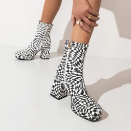 Checkerboard Pattern Square Toe Chunky Heel High-Top Women's Boots Plaid Pattern Catwalk Shoes Zip Plush Inner Winter Short Boot