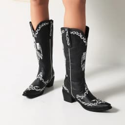 Plus Size Embroidered Skull Pattern Punk Style Women's Mid Boots Pointed Toe Chunky Heel Plush Embroidered Slip-On Boots