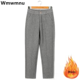 Winter Thicken Woolen Pants Women Casual Plush Velvet Lined Warm Harem Pantalons High Waist Office Wool Blend Straight Trousers