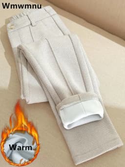 Winter Thicken Woolen Pants Women Casual Plush Velvet Lined Warm Harem Pantalons High Waist Office Wool Blend Straight Trousers