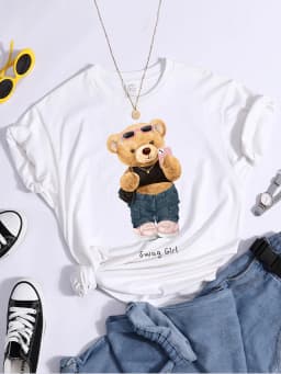 Street Teddy Bear Selfie Swag Girl T-Shirt Vintage Round Neck T-Shirt Vintage Hipster Tshirts Essential Soft Women Tee Shirts