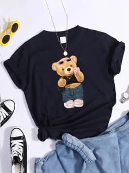 Street Teddy Bear Selfie Swag Girl T-Shirt Vintage Round Neck T-Shirt Vintage Hipster Tshirts Essential Soft Women Tee Shirts