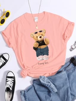 Street Teddy Bear Selfie Swag Girl T-Shirt Vintage Round Neck T-Shirt Vintage Hipster Tshirts Essential Soft Women Tee Shirts