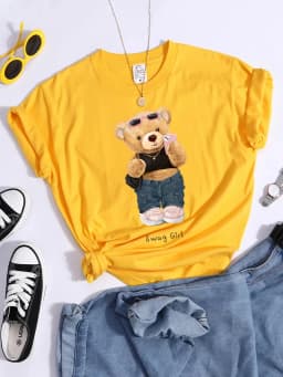 Street Teddy Bear Selfie Swag Girl T-Shirt Vintage Round Neck T-Shirt Vintage Hipster Tshirts Essential Soft Women Tee Shirts