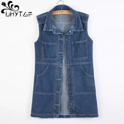 UHYTGF 2023 6XL Denim Vest Women Jacket Single Breasted Sleeveless Autumn Winter Jeans Waistcoat Female Vintage Cowboy Coat 2482